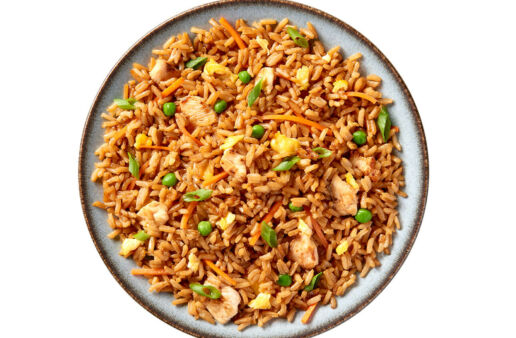 Plate of Chicken Fried Rice with peas and eggs