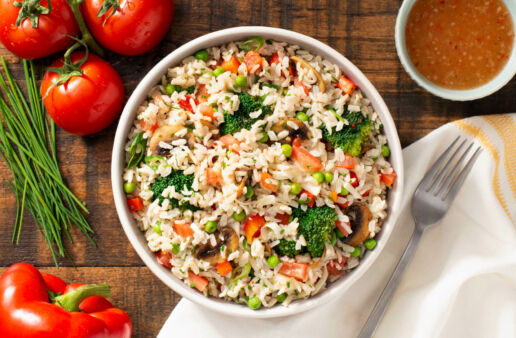 Layered Mediterranean Rice Salad with tomatoes