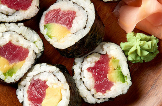 Tuna and avocado sushi rolls with wasabi
