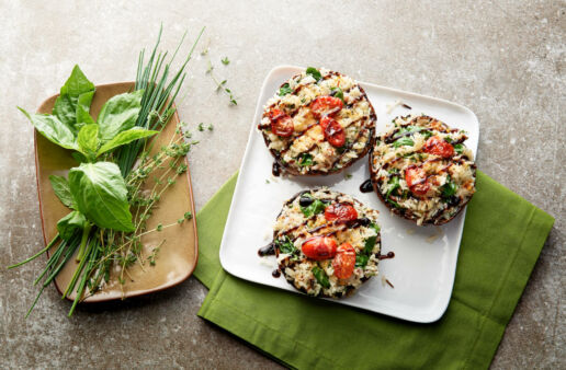 Three stuffed portobello mushrooms with jasmine red and wild rice