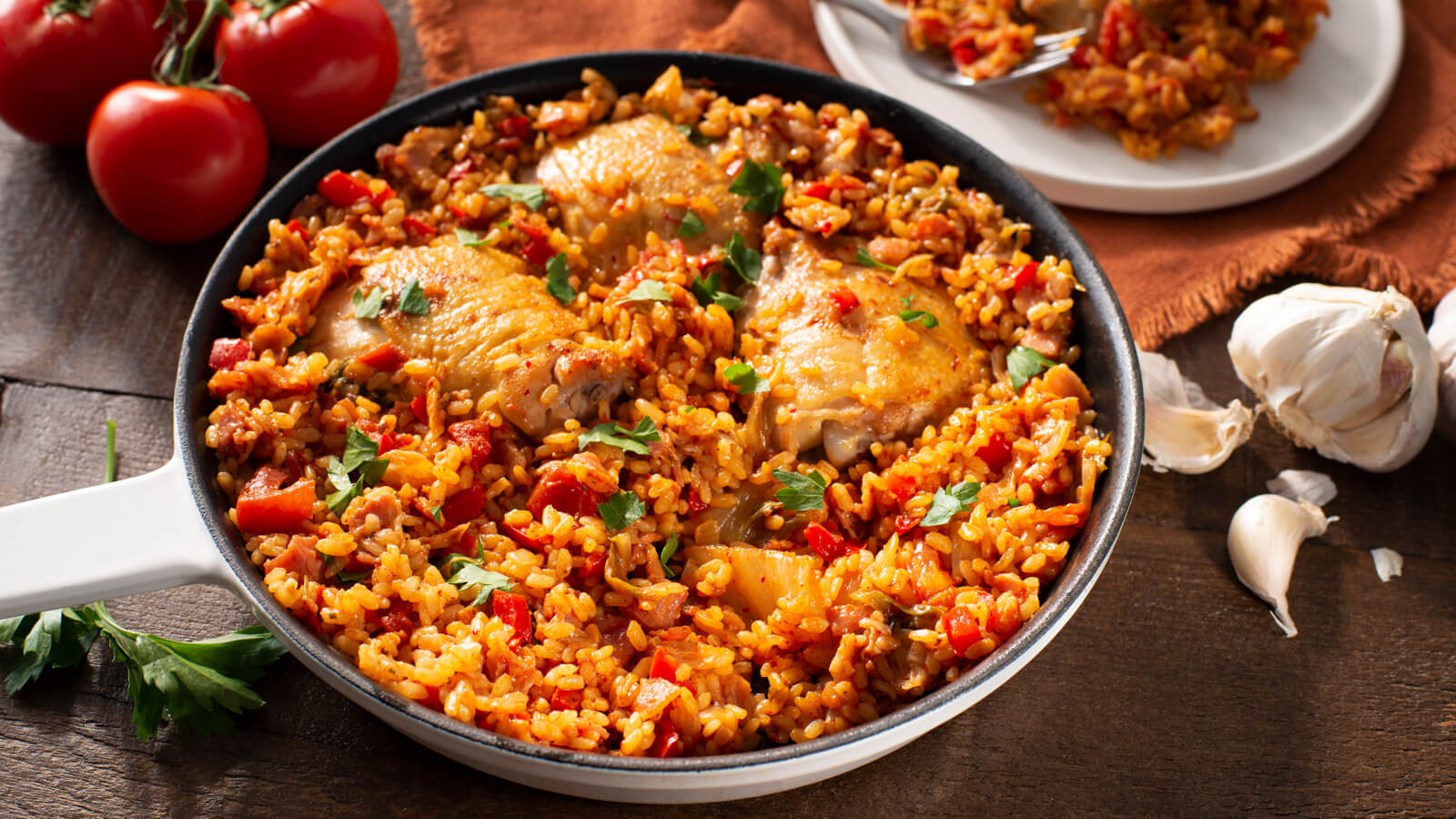 Bacon Kimchi Paella with Chicken Thighs