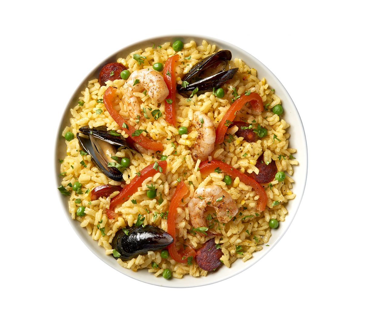 Paella tradicional con chorizo ​​y camarones