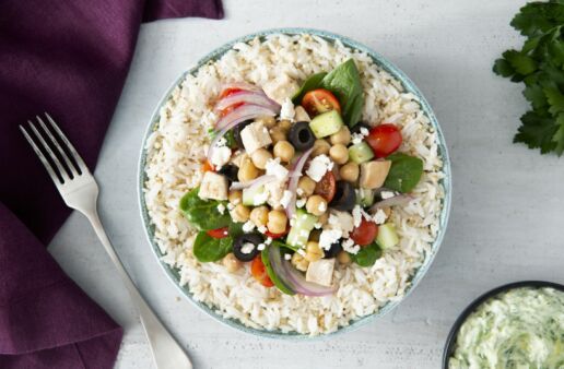 Greek Power Bowl with Jasmine Rice and Quinoa, Chickpeas, Black Olives and Red Onion
