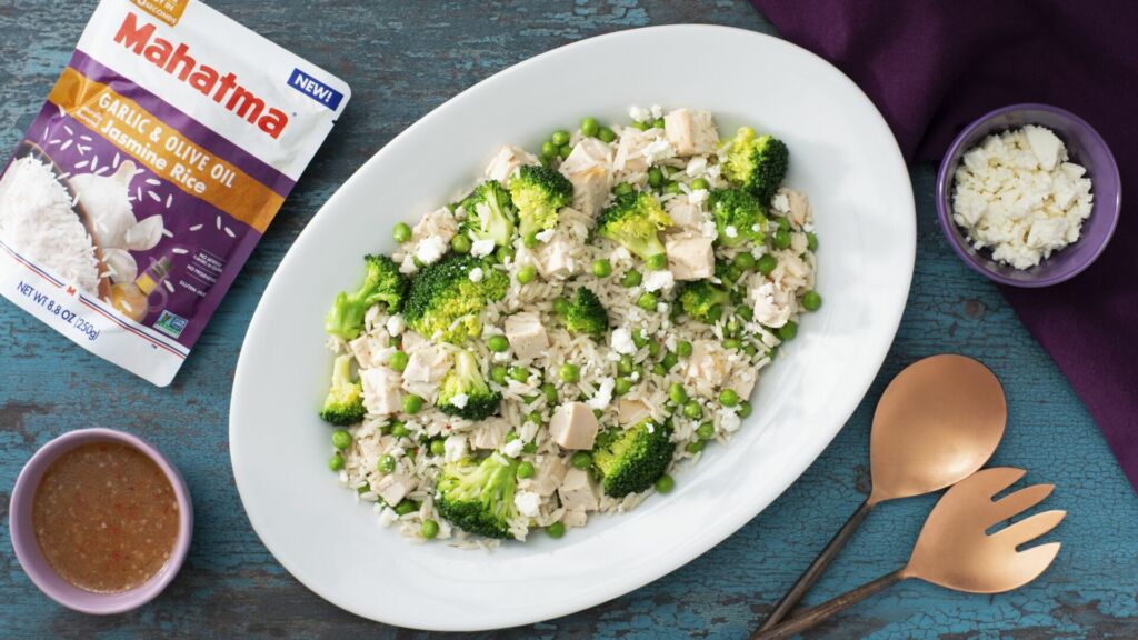 Green Jasmine Rice Salad with Rotisserie Chicken, Broccoli, and cheese