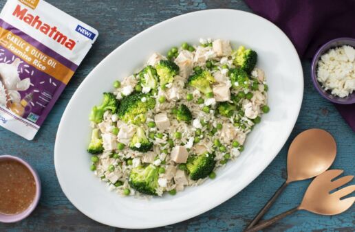 Green Jasmine Rice Salad with Rotisserie Chicken, Broccoli, and cheese