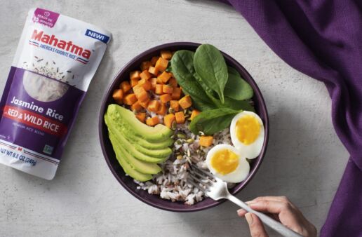 Turmeric Breakfast Jasmine Rice Bowl with Quinoa, Sweet Potatoes, Avocado and Hard-Boiled Eggs