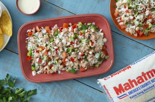 Canned Tuna and White Rice salad with zesty mayonnaise dressing and fresh bell peppers