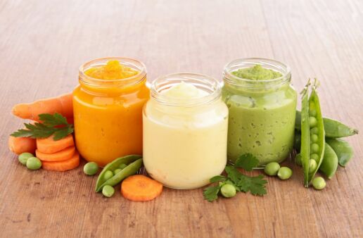 Rice puree jars with carrots, and peas