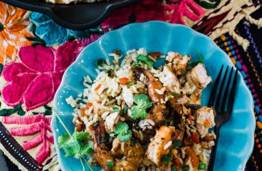 Spicy Lemon Garlic Skillet Rice with Shrimp and Chicken