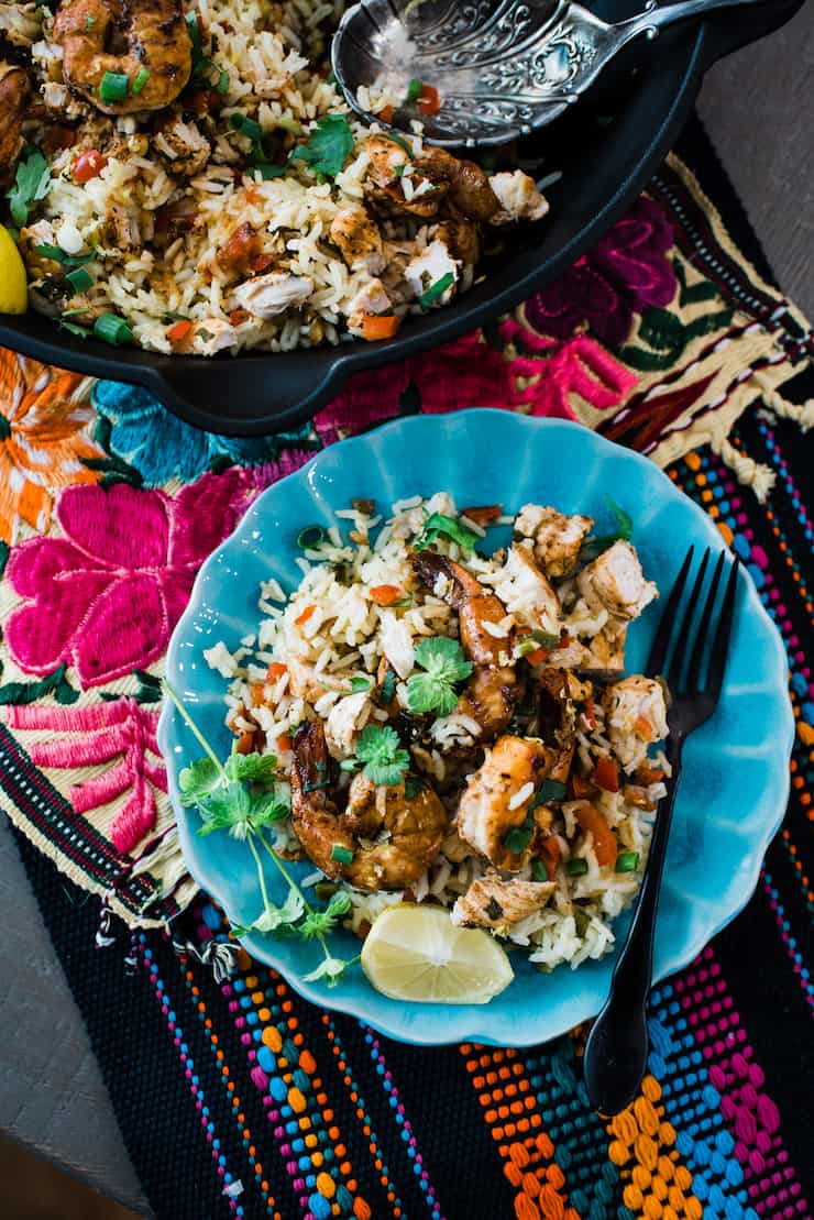 Spicy Lemon Garlic Skillet Rice with Shrimp and Chicken