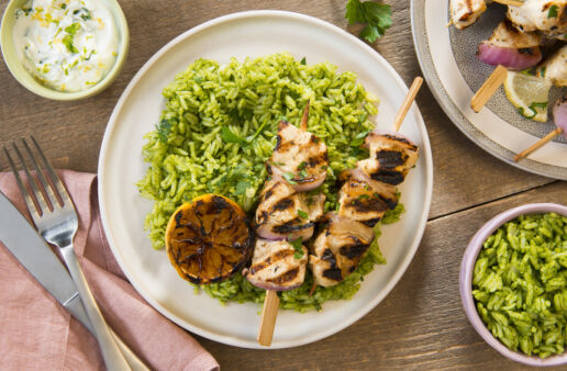 Garlic and Lemon Chicken kebab skewers with green jasmine rice