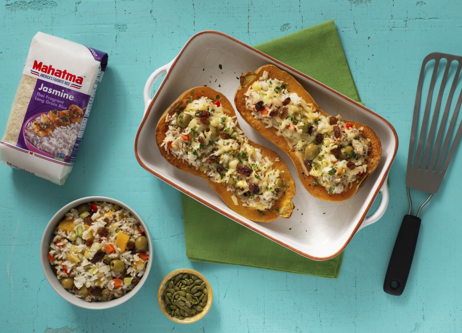 Stuffed Butternut Squash with Pork, Jasmine Rice and Apple