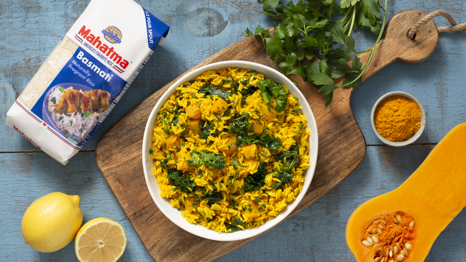 Turmeric Yellow Rice with Butternut Squash and Kale