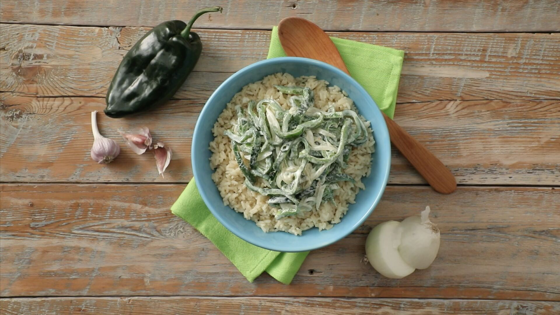 Poblano Strips with Cream and Rice