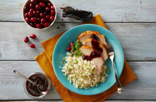 cranberry-sauce-with-ancho-peppers-served-over-jasmine-rice-and-turkey-leftovers