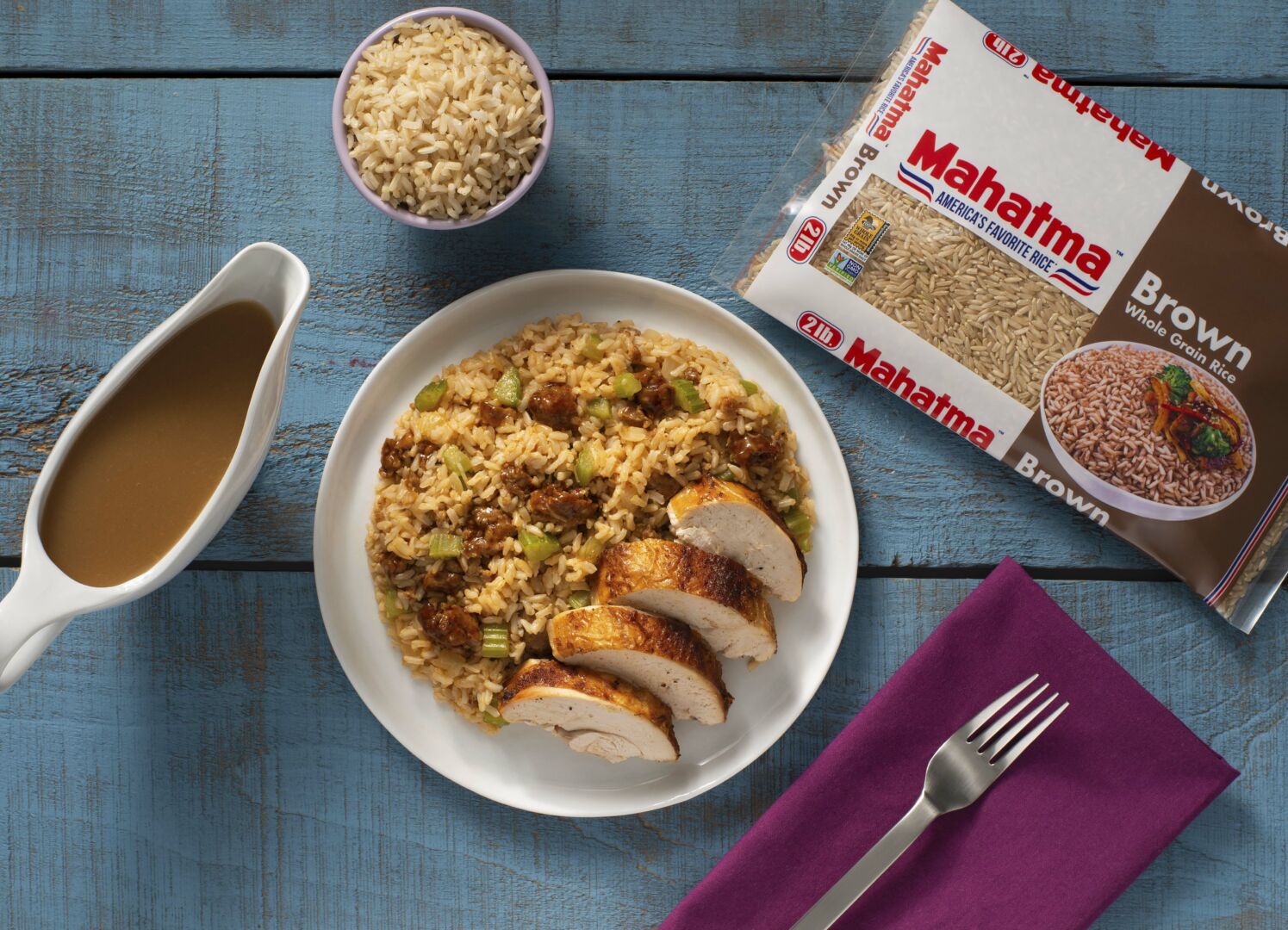Brown Rice, Mushroom and Chorizo Stuffing Casserole with Roast Chicken