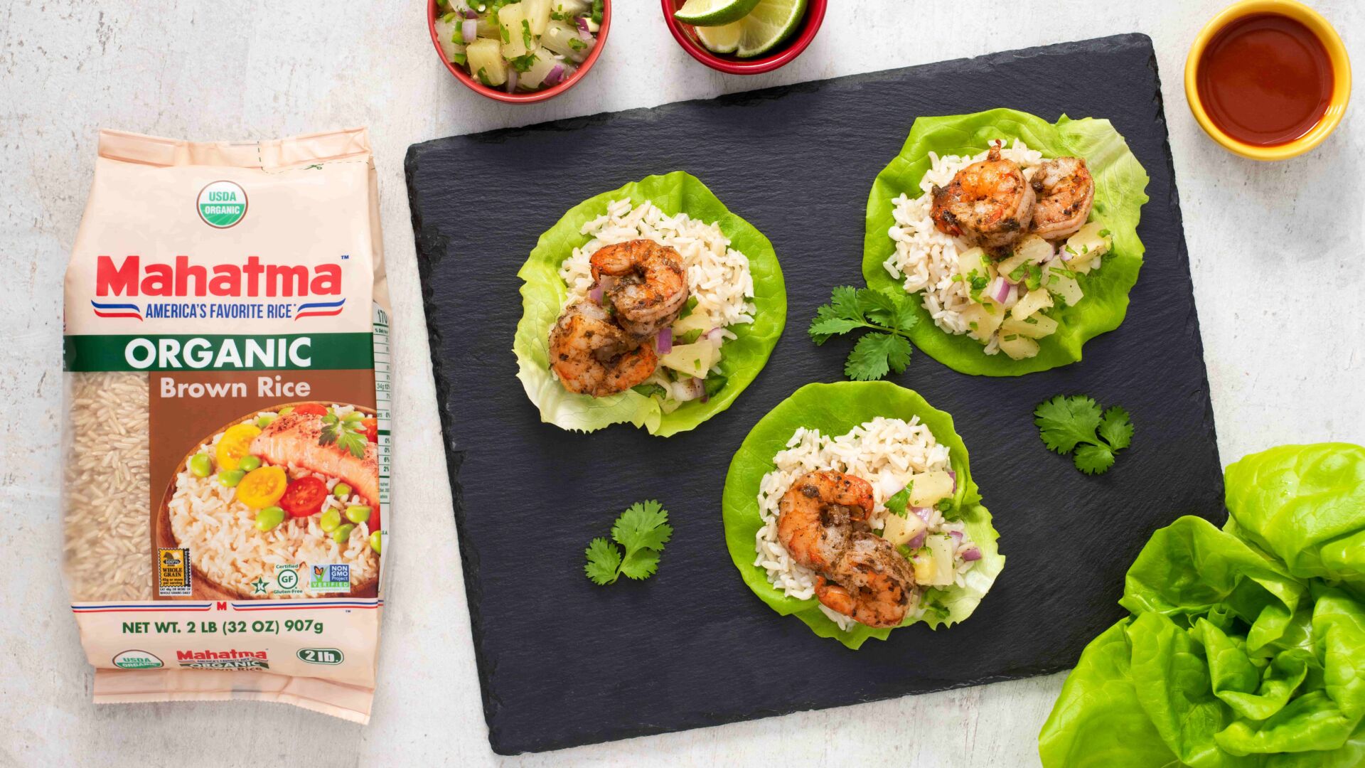 Rice Lettuce Wraps with Jerk Shrimp and Pineapple Salsa