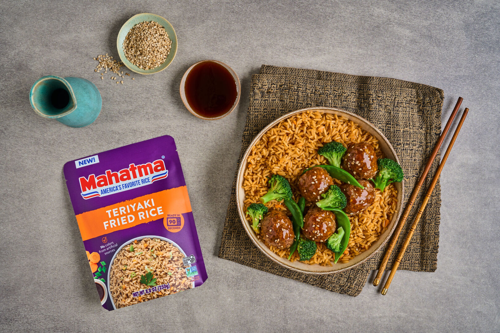 Teriyaki Meatballs with Rice and Green Beans